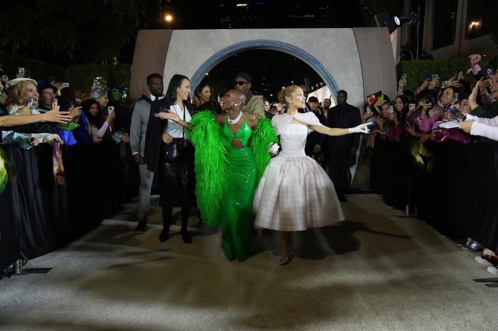 Cynthia Erivo, left, and Ariana Grande arrive at the premiere of "Wicked" on Saturday, Nov. 9