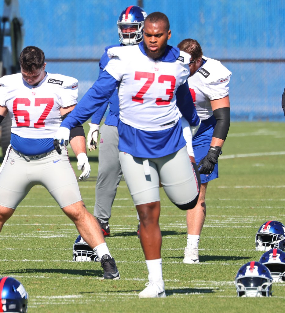 New York Giants offensive tackle Evan Neal (73) when the New York Giants practiced Friday, October 25, 2024 at Quest Diagnostics Training Center in East Rutherford, NJ.