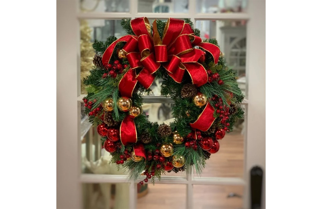 Red and Gold Holiday Wreath with Ornaments and Pine Cones
