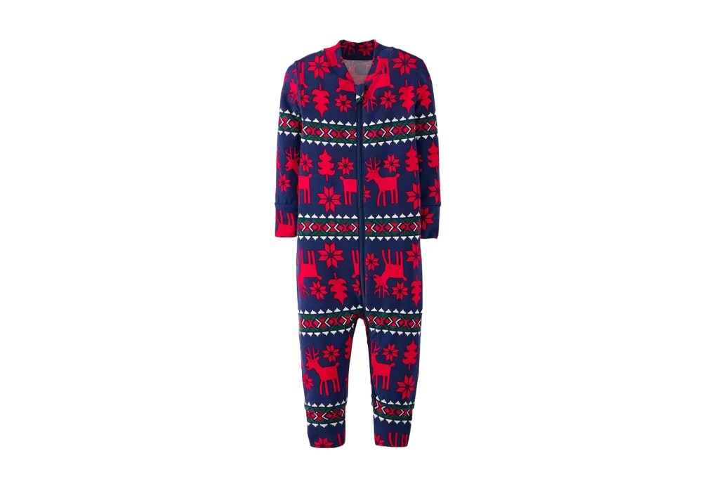 Blue and red pajamas with deer and snowflake pattern