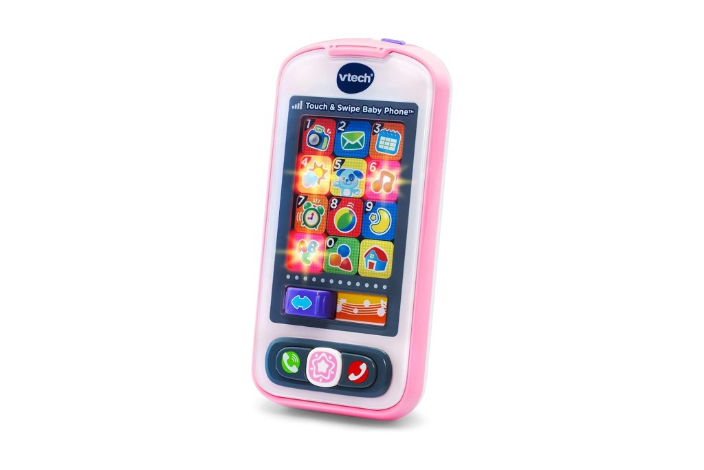 A pink and white electronic device, presumably a phone