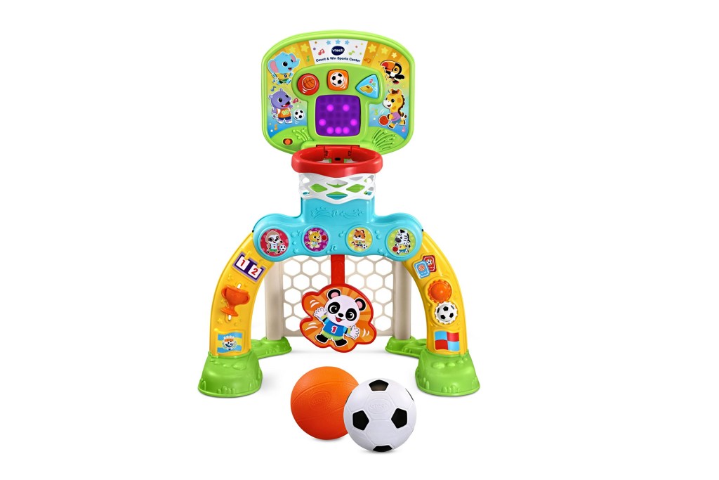 A VTech Count and Win Sports Center toy with a ball