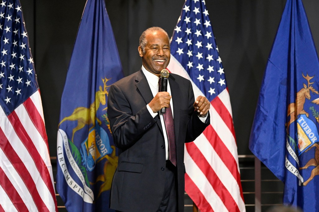 Ben Carson addresses supporters of Republican presidential nominee former President Donald Trump, Saturday, Oct. 5, 2024, in Livonia, Mich.