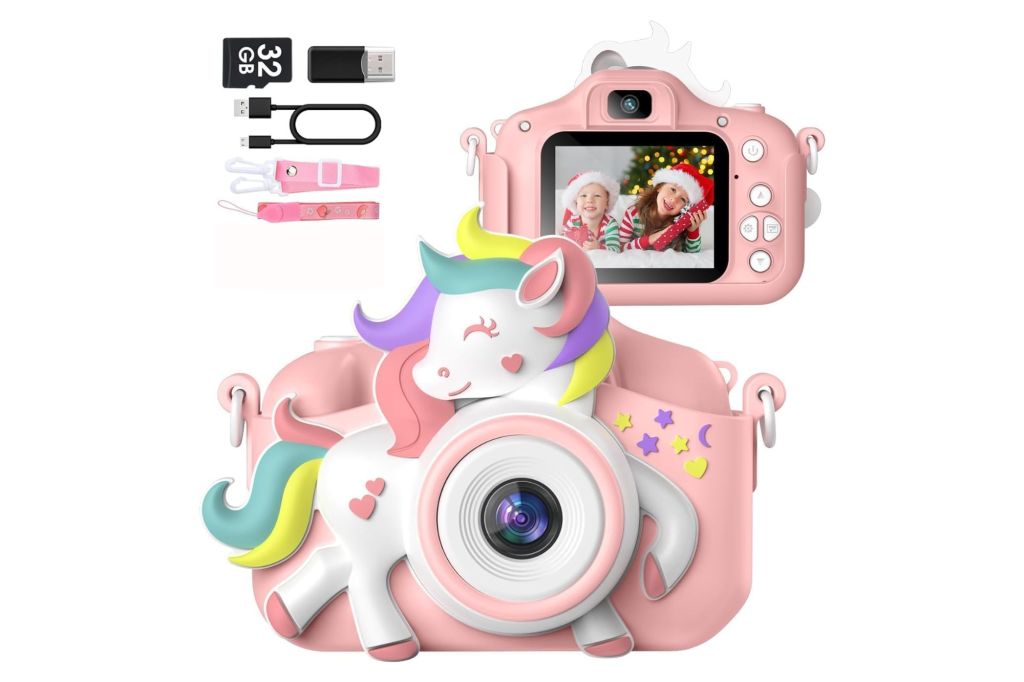 A digital camera for kids with a case shaped like a unicorn.