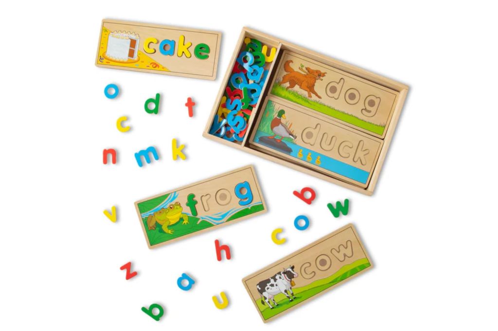 A wooden puzzle toy for children out of its box.