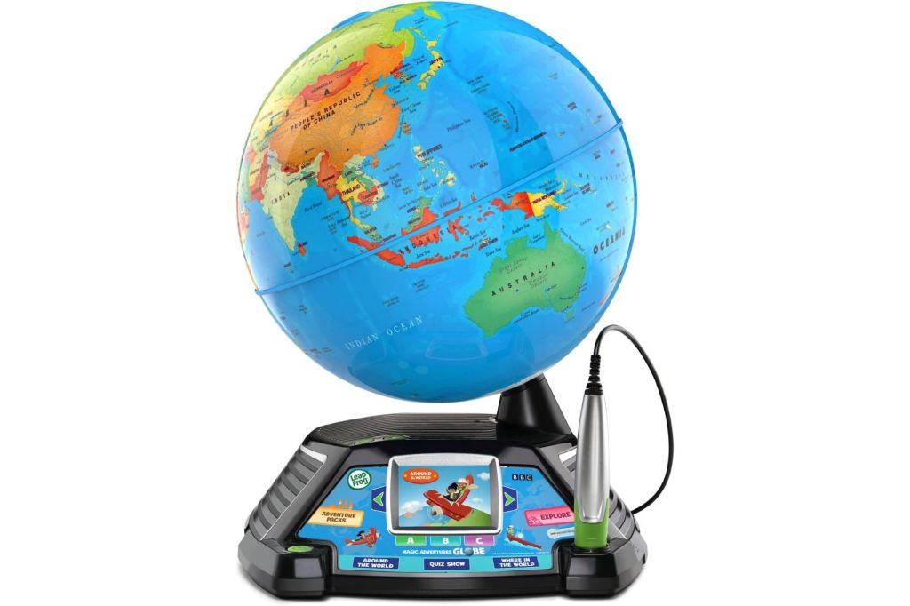 A globe with a base that has an LCD screen and touchpen. 