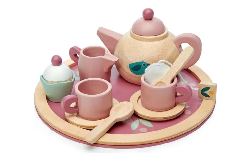 A wooden tea set for kids.