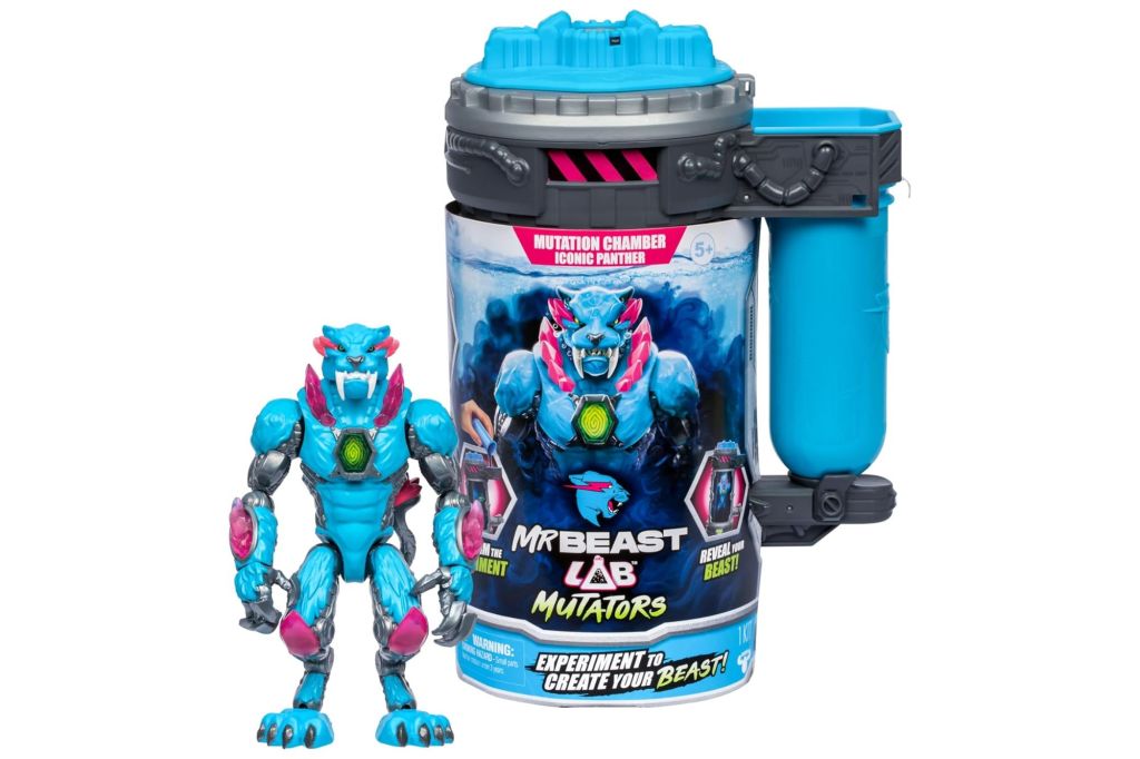 An blue action figure and its container.