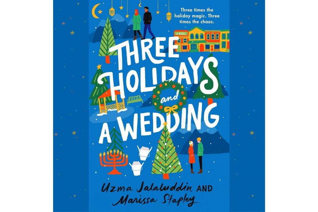 Book cover of 'Three Holidays and a Wedding' featuring a couple, trees, and Buster Keaton