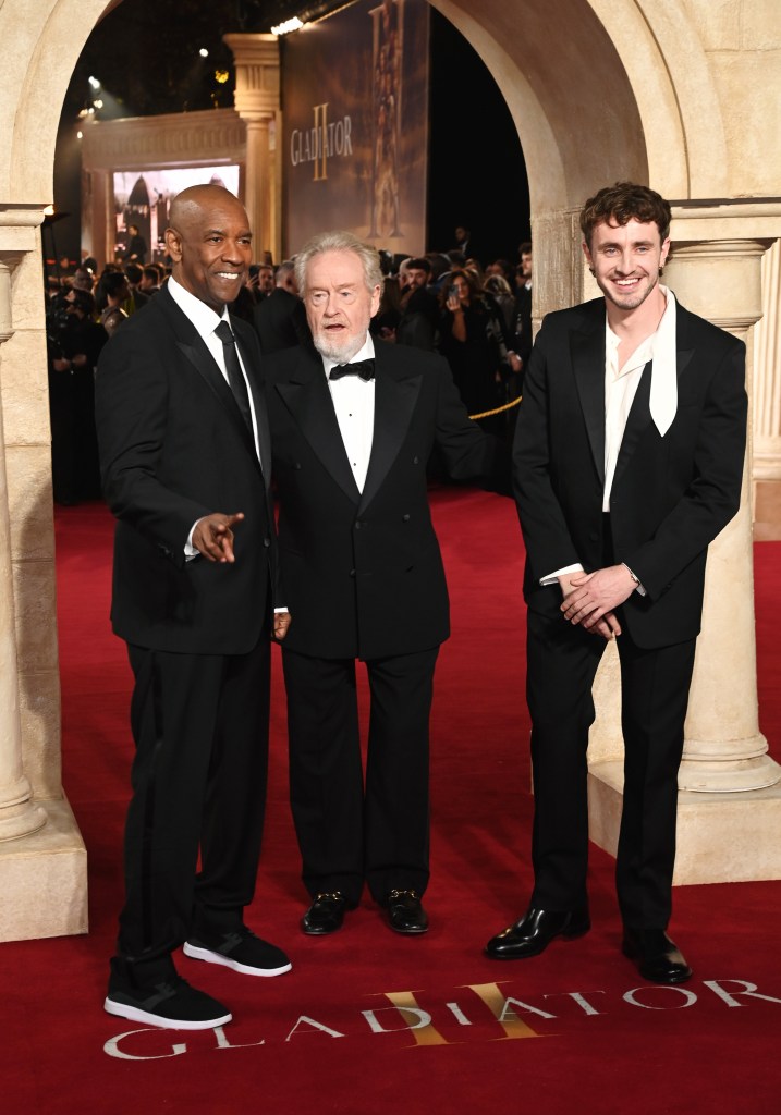 Denzel Washington, Sir Ridley Scott, and Paul Mescal attending the Global Premiere of 'Gladiator II' in London's Leicester Square.