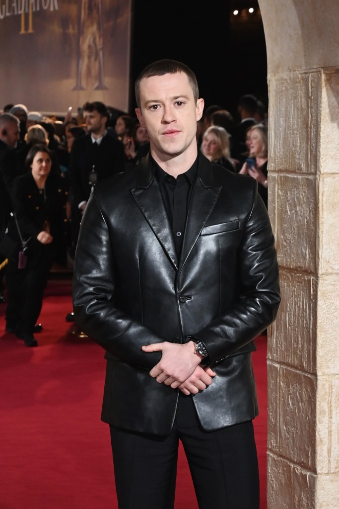 Joseph Quinn wearing a black leather jacket at the Global Premiere of 'Gladiator II' in Leicester Square, London on November 13, 2024