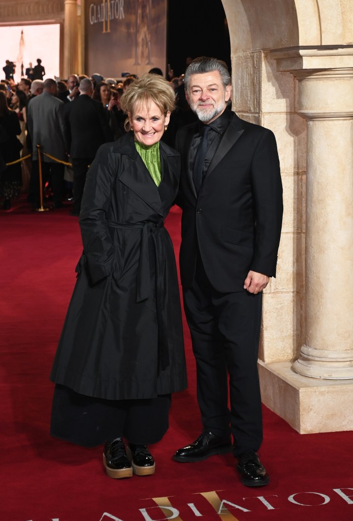 Lorraine Ashbourne and Andy Serkis posing on the red carpet at the global premiere of Gladiator II in London, England