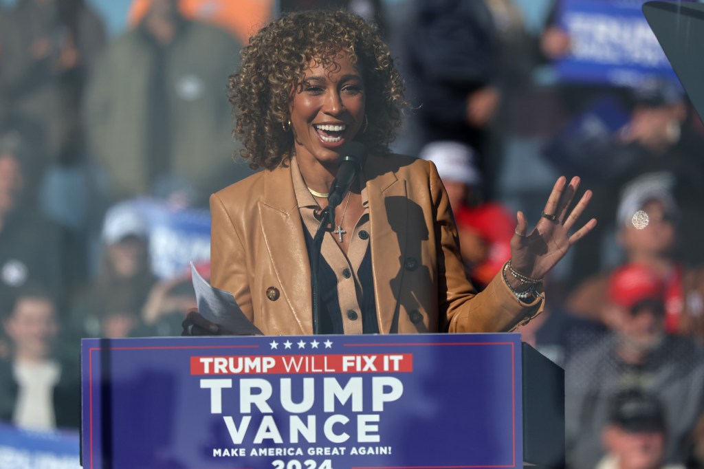 Television anchor Sage Steele takes the stage during a Republican presidential nominee, former U.S. President Donald Trump campaign rally at Lancaster Airport on November 03, 2024 in Lititz, Pennsylvania.