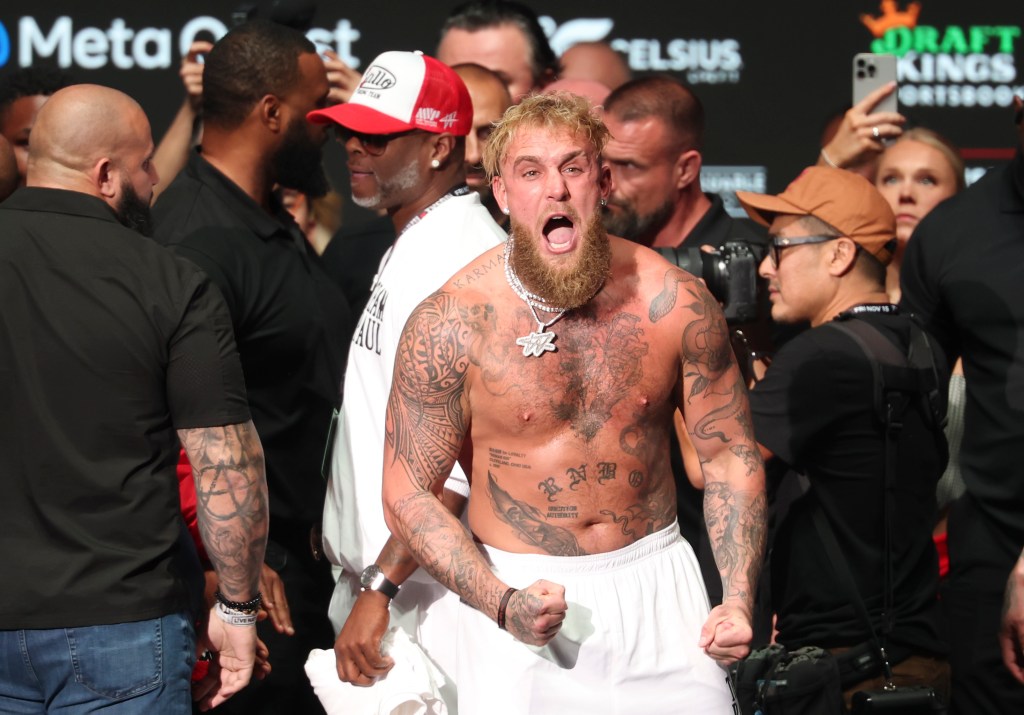 ake Paul reacts after being slapped by Mike Tyson (not pictured) after the weigh-in at the Toyota Music Factory. 