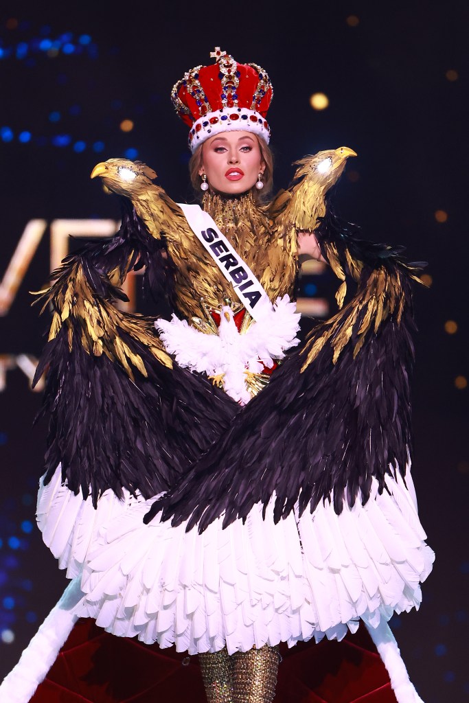 Miss Serbia, Ivana Trisic, participating in the 73rd Miss Universe Preliminary Competition, wearing a crown and a gown in Mexico City, 2024.