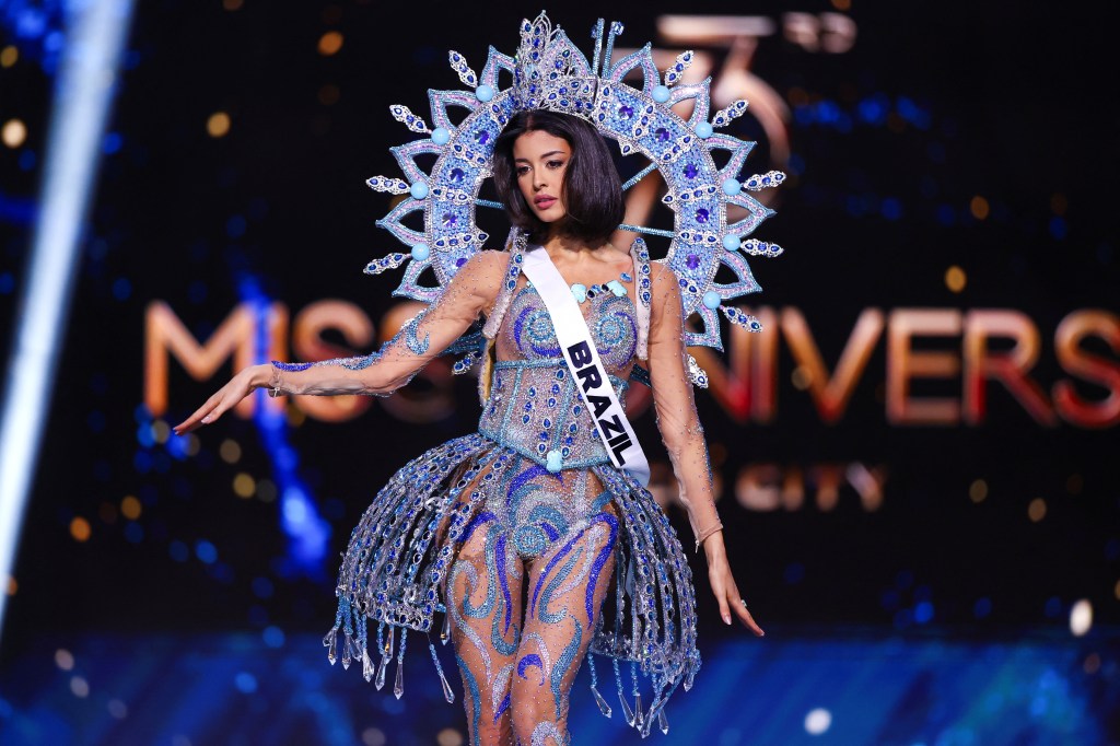 Miss Brazil Luana Cavalcante wearing a national costume and a crown at the 73rd Miss Universe pageant in Mexico City, November 14, 2024.