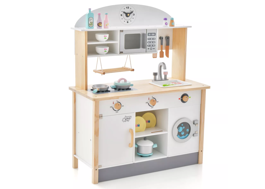 Costway Kids Play Kitchen Set with Microwave Oven & Cooking Accessories