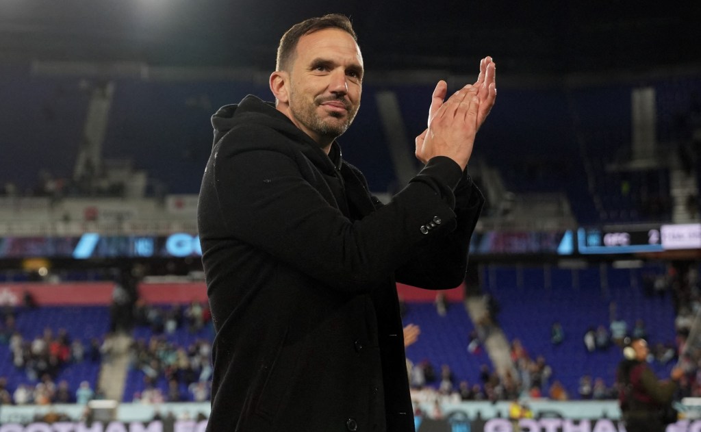 Juan Carlos Amoros celebrates after Gotham FC's win over Portland in the NWSL quarterfinals on Nov. 10, 2024.