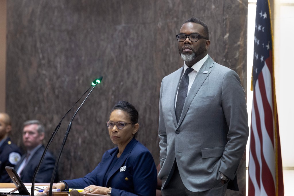 Mayor Brandon Johnson presides over a city council meeting as the Council discusses a symbolic resolution calling for a cease-fire in the war between Israel and Hamas on January 31, 2024 in Chicago, Illinois. 