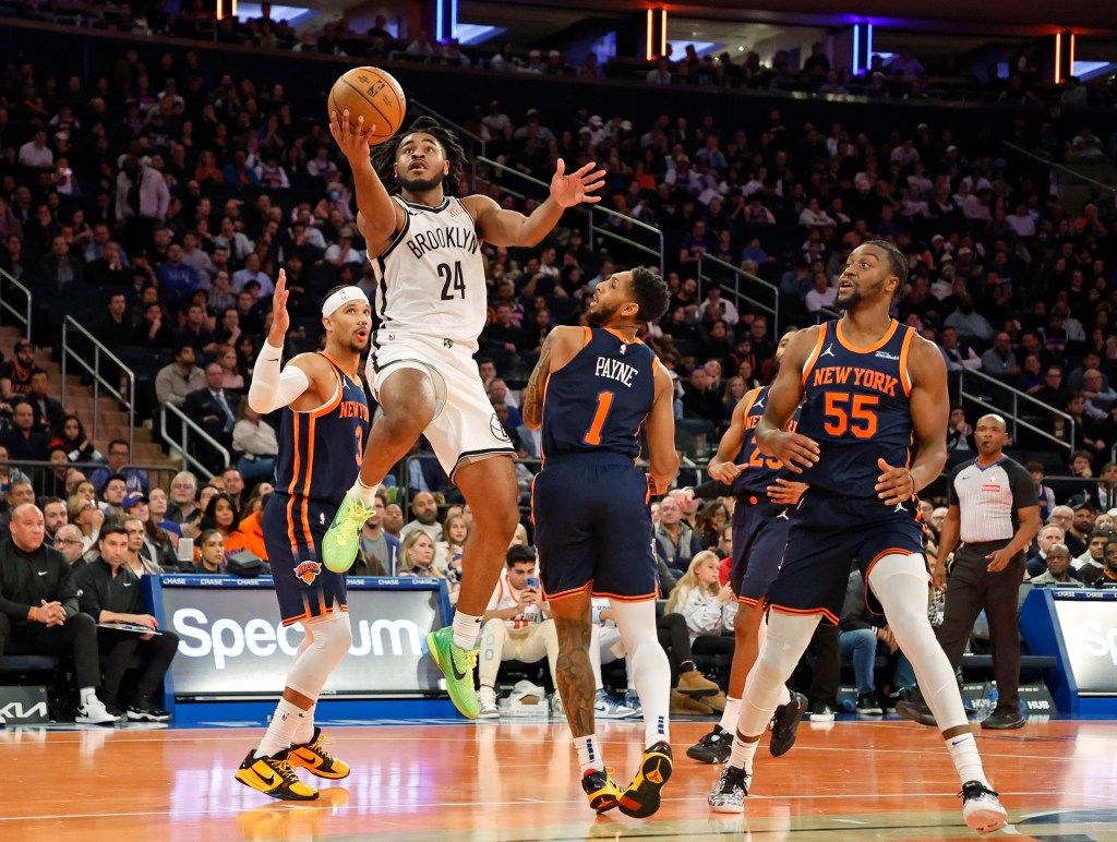 Cam Thomas scores during the Nets-Knicks game on Nov. 15, 2024. 