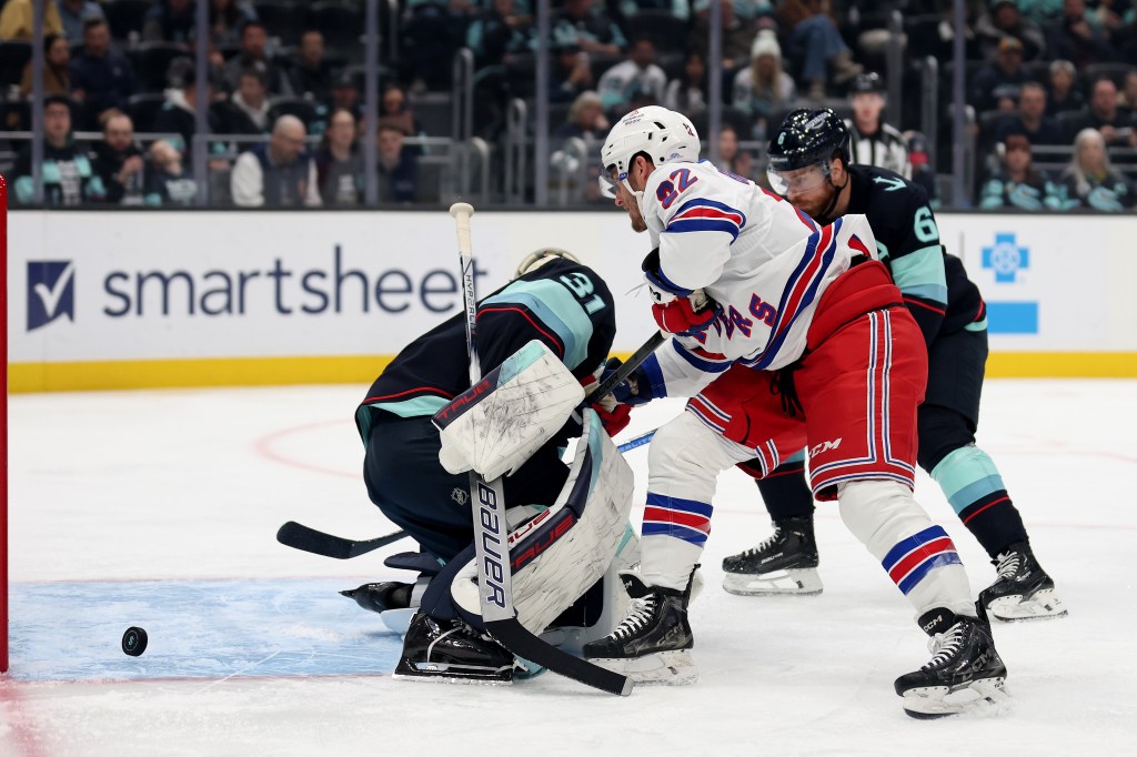 Jonny Brodzinski #22 of the New York Rangers misses the net against the Seattle Kraken during the first period at Climate Pledge Arena on November 17, 2024.