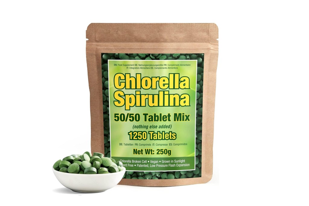 A bag of green spirulina tablets