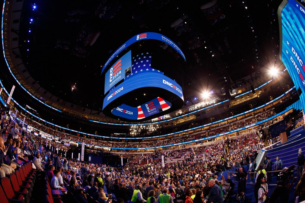 Large crowd of people at the first night of the DNC Convention in Chicago.