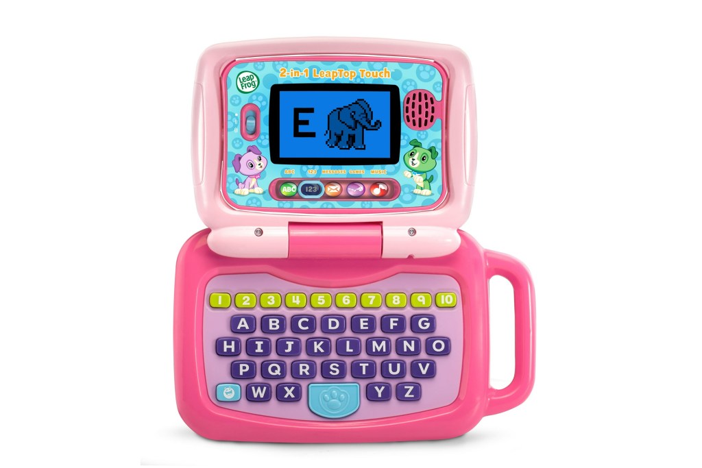 A pink toy laptop with a keyboard