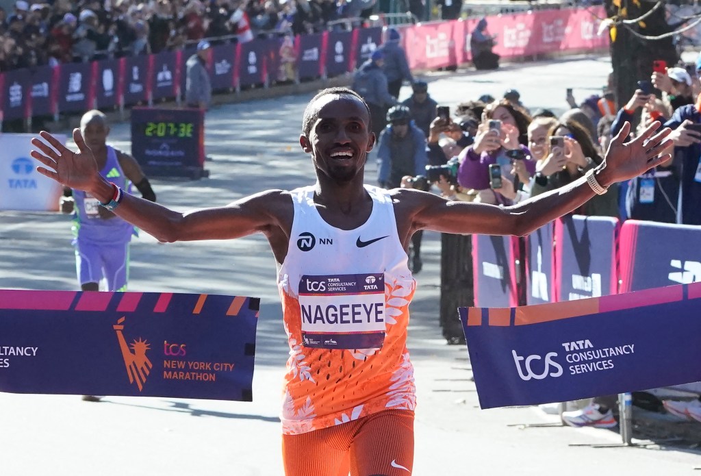 Abdi Nageeye of the Netherlands crosses the finish line to win the men's division during the New York Marathon in New York City on November 3, 2024. 