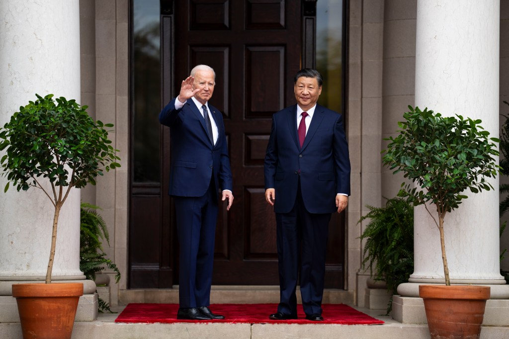 President Joe Biden greets China's President President Xi Jinping at the Filoli Estate in Woodside, Calif., Wednesday