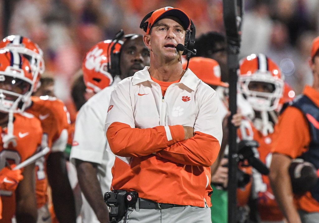 Clemson Tigers head coach Dabo Swinney looks on during the fourth quarter against the Louisville Cardinals at Memorial Stadium.