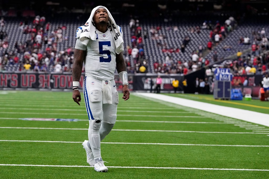 Indianapolis Colts quarterback Anthony Richardson walking off the field after a football game against the Houston Texans