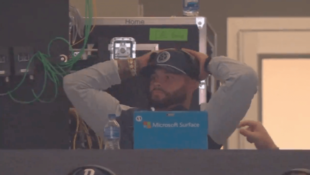 Dak Prescott reacts to the Cowboys' failed punt from the press box.