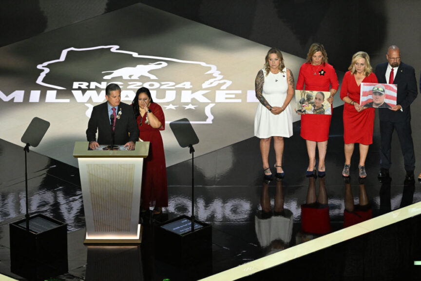 Gold Star families of US military members who were killed at Abbey Gate in Afghanistan in August 2021 speak during the third day of the 2024 Republican National Convention at the Fiserv Forum in Milwaukee, Wisconsin, on July 17, 2024. Days after he survived an assassination attempt Donald Trump won formal nomination as the Republican presidential candidate and picked Ohio US Senator J.D. Vance for running mate. (Photo by Pedro UGARTE / AFP) (Photo by PEDRO UGARTE/AFP via Getty Images)