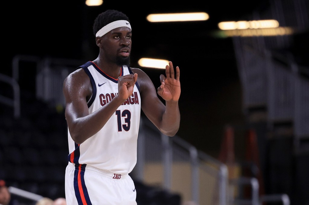 Gonzaga forward Graham Ike gestures during the first half of an exhibition NCAA college basketball game against Southern California, Saturday, Oct. 26, 2024, in Palm Desert, Calif.