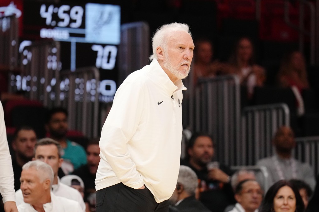 Head Coach Gregg Popovich of the San Antonio Spurs looks on during the game against the Miami Heat during a NBA preseason game on October 15, 2024 at Kaseya Center in Miami, Florida.