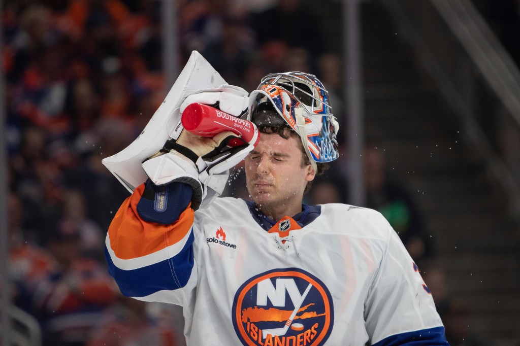 New York Islanders goalie Ilya Sorokin (30) cools off between plays against the Edmonton Oilers during second period NHL action in Edmonton on Tuesday November 12, 2024.