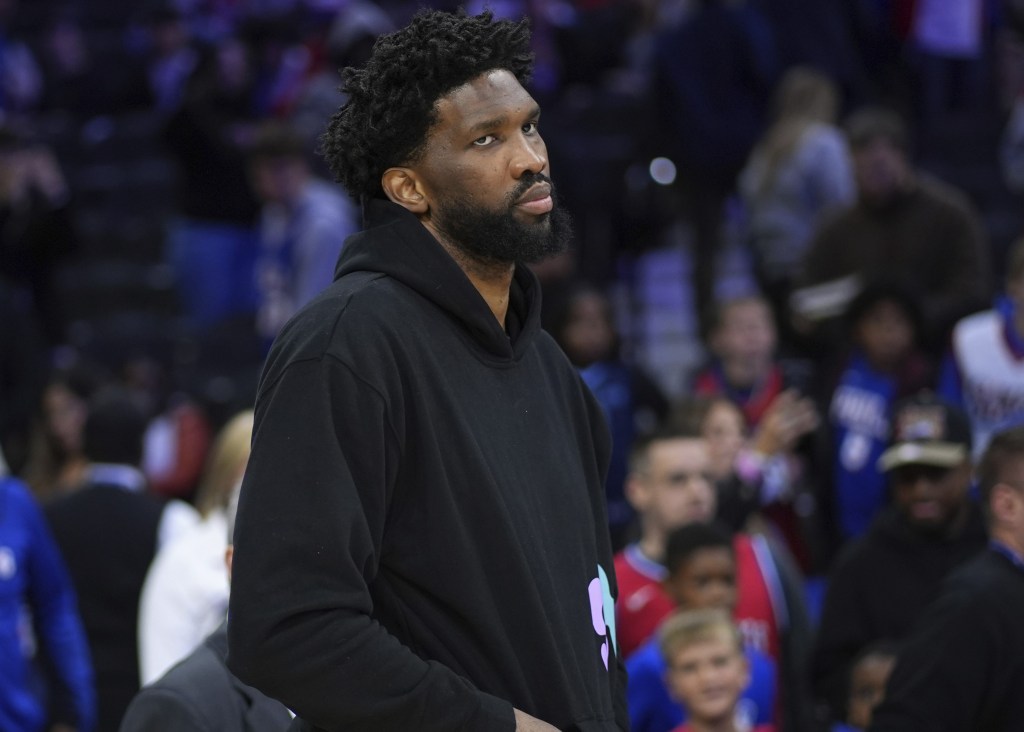 Joel Embiid, who did not play, watches the action during the 76ers' 124-107 loss to the Grizzlies on Nov. 2, 2024.