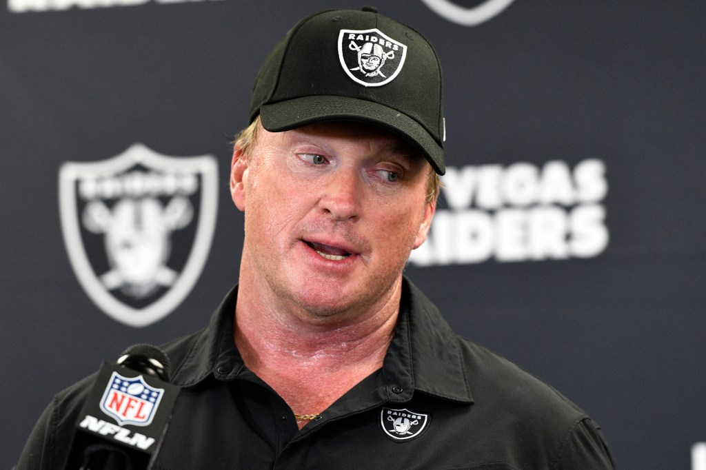 Las Vegas Raiders head coach Jon Gruden speaking with media after an NFL game against the Pittsburgh Steelers