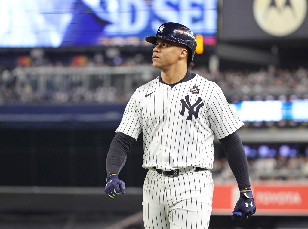 Juan Soto looks on during the Yankees' Game 5 loss to the Dodgers on Oct. 30, 2024. 