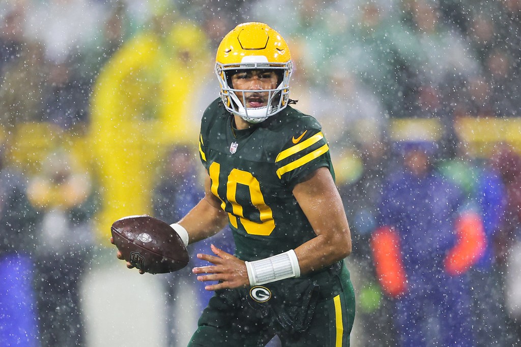 Quarterback Jordan Love #10 of the Green Bay Packers looks to pass during the third quarter of a game against the Detroit Lions at Lambeau Field on November 03, 2024 in Green Bay, Wisconsin.