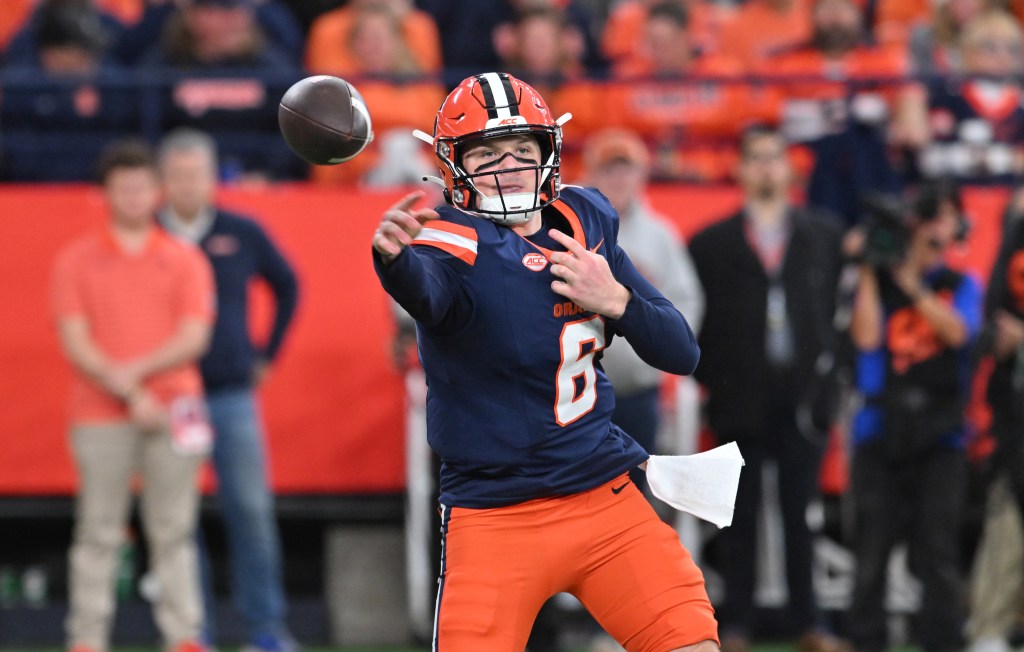 Syracuse Orange quarterback Kyle McCord (6) throws a pass in the second quarter against the Virginia Tech Hokies at JMA Wireless Dome.