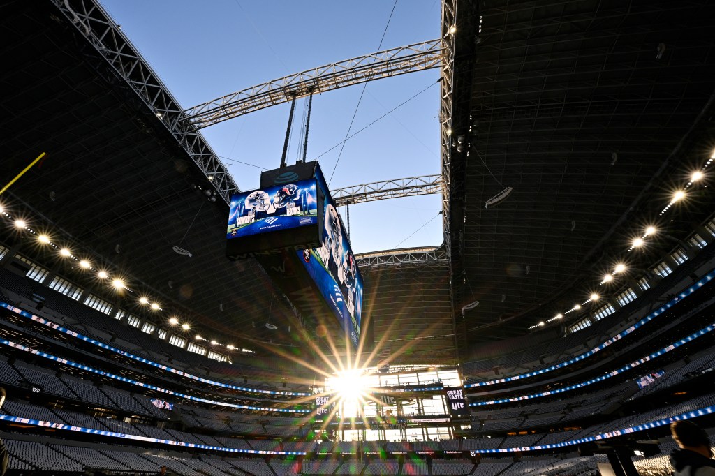 The roof is seen open at AT&T Stadium prior to an NFL football game between the Dallas Cowboys and the Houston Texans, Monday, Nov. 18, 2024