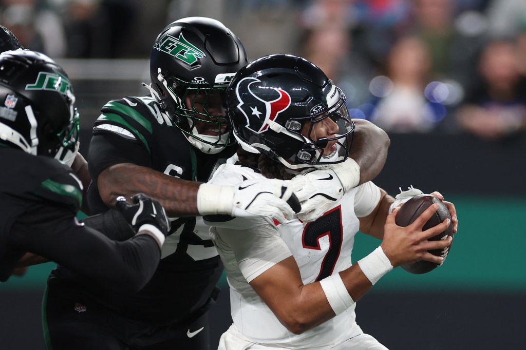 Quinnen Williams sacks C.J. Stroud during the first quarter of the Jets' 21-13 win over the Texans on Oct. 31, 2024.