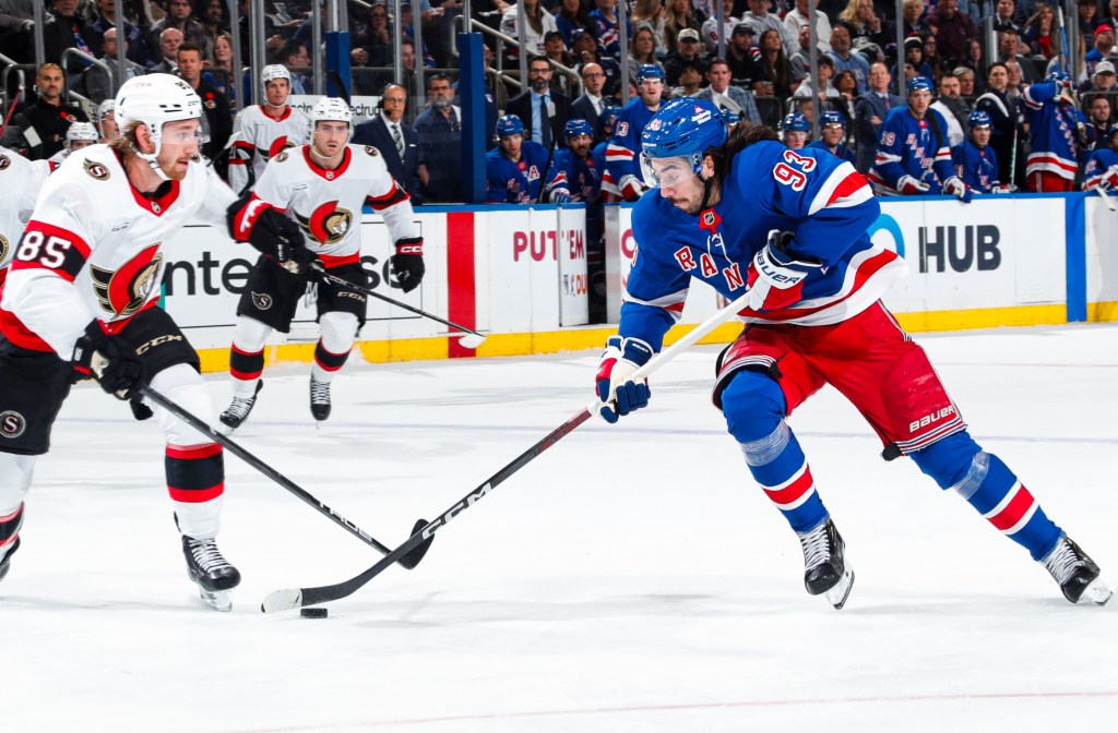 Mika Zibanejad, skating with the puck during the Rangers' win over the Senators, was on the same line with Artemi Panarin and Alexis Lafreniere during Saturday's practice.