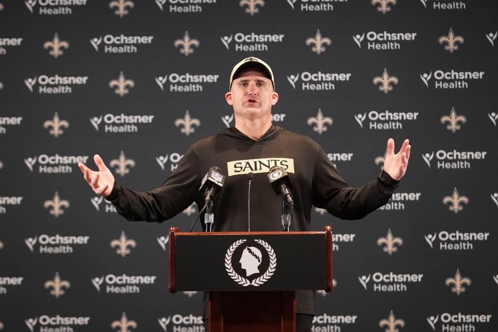 New Orleans Saints interim head coach Darren Rizzi talks to reporters after an NFL football game against the Atlanta Falcons in New Orleans, Sunday, Nov. 10, 2024. 