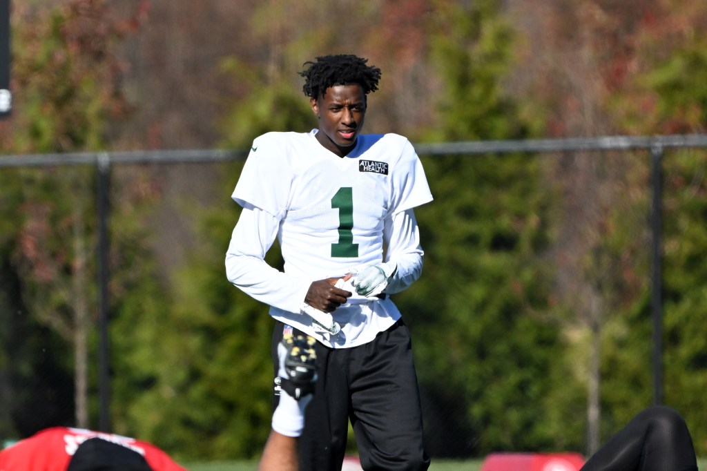 Jets cornerback Sauce Gardner (1) practices in Florham Park on Nov. 13, 2024.