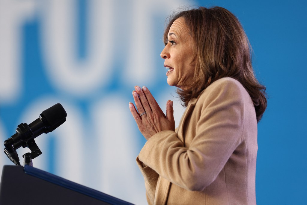 kamala harris holding her hands in front of her as if she was praying