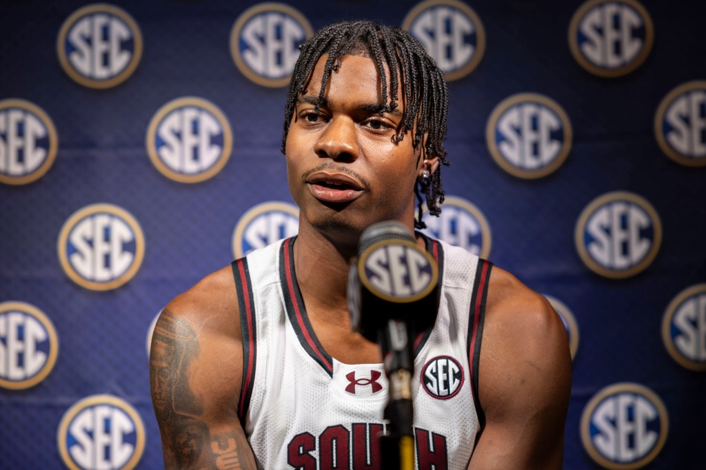 South Carolina Gamecocks forward Nick Pringle talks with the media during SEC Media Days at Grand Bohemian Hotel.