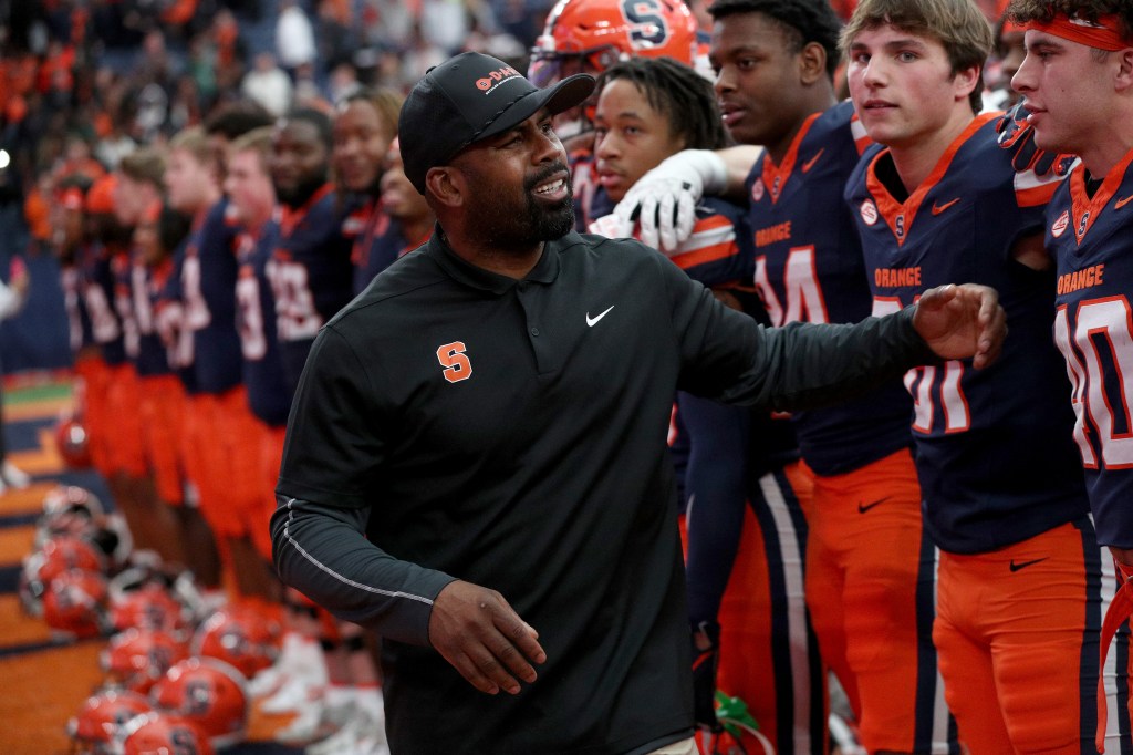 Head Coach Fran Brown of the Syracuse Orange reacts after a game against the Virginia Tech Hokies at JMA Wireless Dome on November 02, 2024